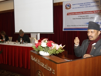 Former Minister for Education Giriraj Mani Pokhreal addressing SKILLS's Programme